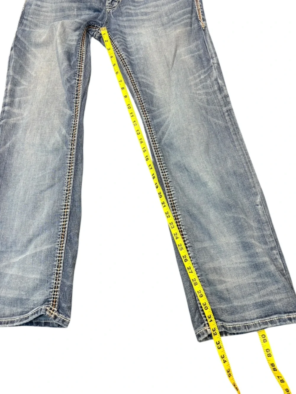 Rock Revival Jeans Sz36 Bootcut Distressed Fleur De Lis Embroidered Thick Stitch - Picture 8 of 16